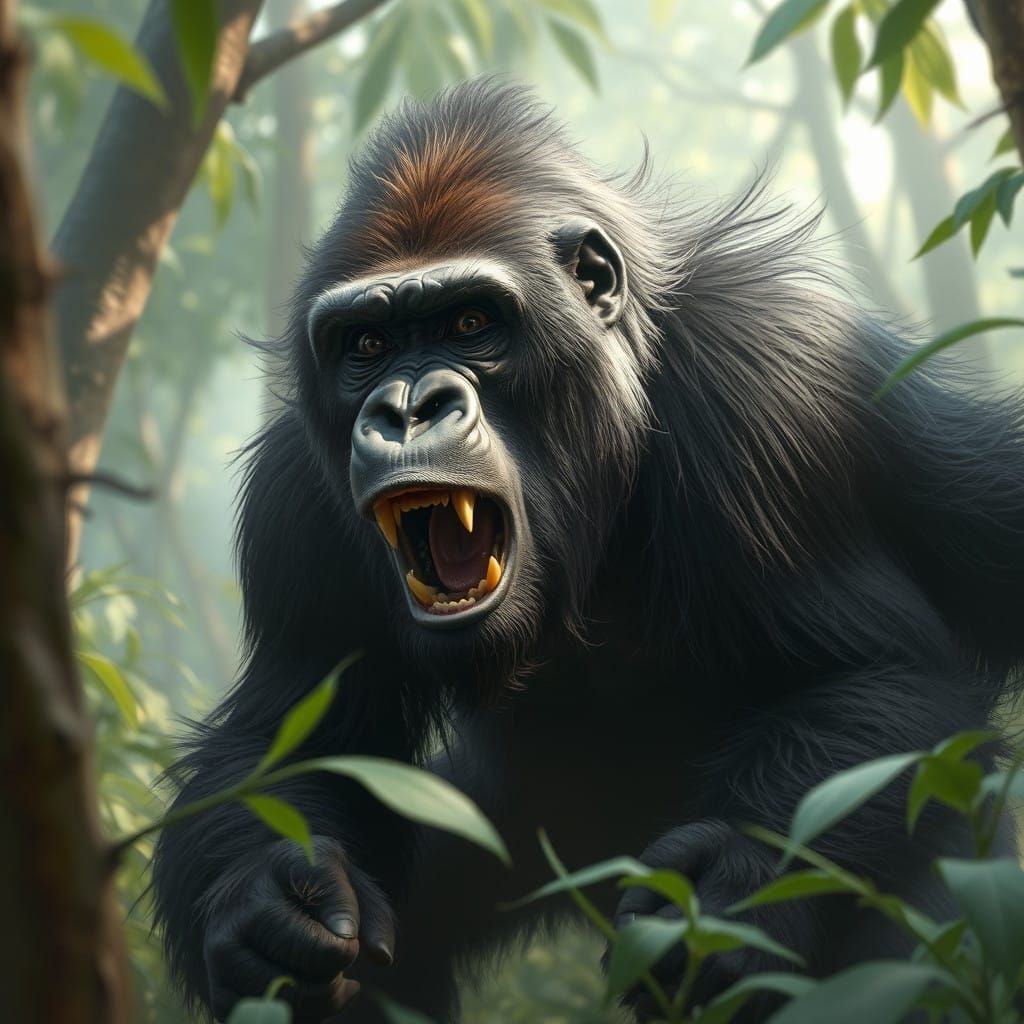 Agitated Gorilla Navigates Dense Jungle