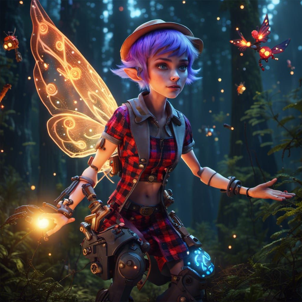 Futuristic Fairy with Robotic Arm in Forest