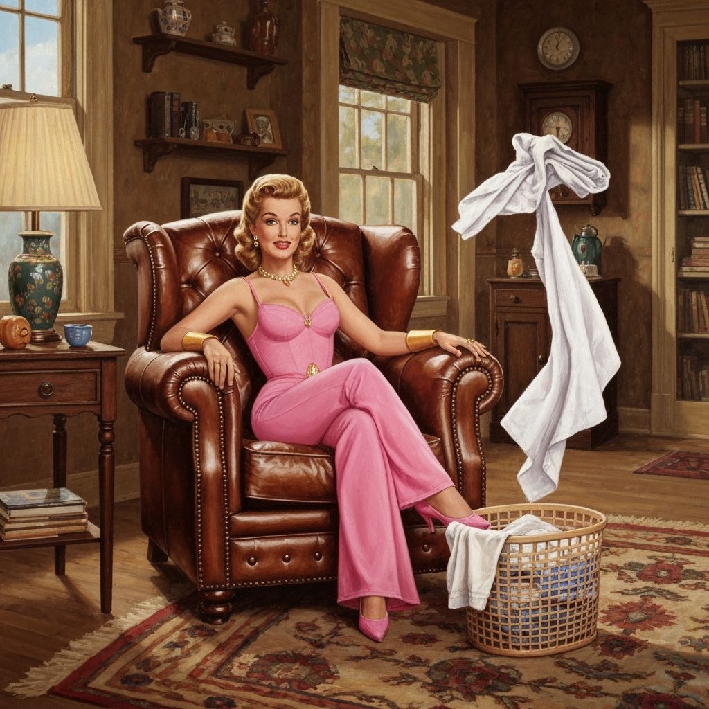 1950s Genie Folds Laundry in Norman Rockwell Style