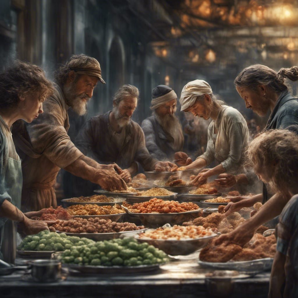 Impressionistic Food Line Scene with Volunteers