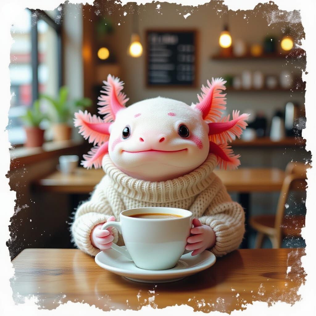 Axolotl Drinks Coffee in Cosy Cafe, Illustrative Style