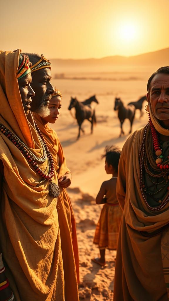 Nubian People with Black Arabian Horses in Ancient Landscape