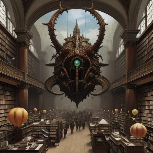 Balloons in Library, Renaissance Painting Style