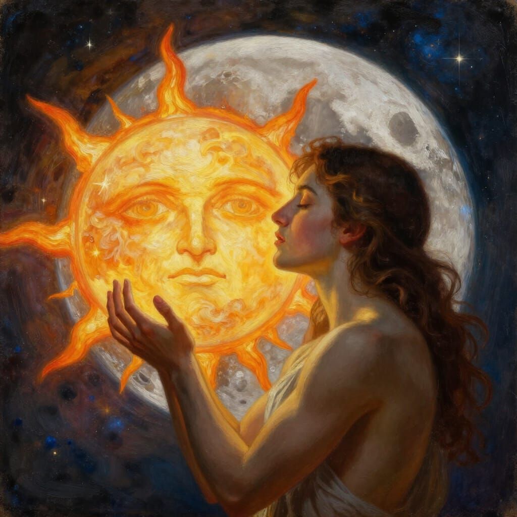 Hyperrealistic Oil Painting of Moon and Sun Kissing