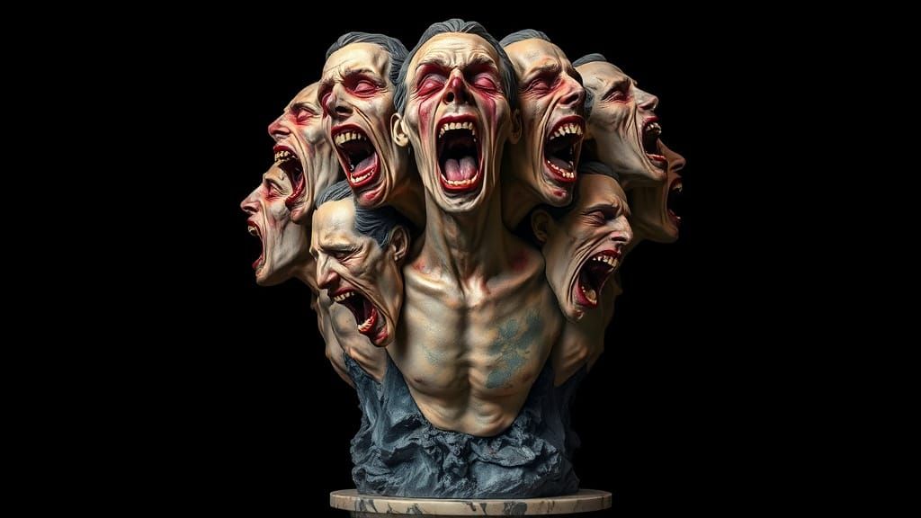 Grotesque Figures in Agony, Fused Faces on Black Marble