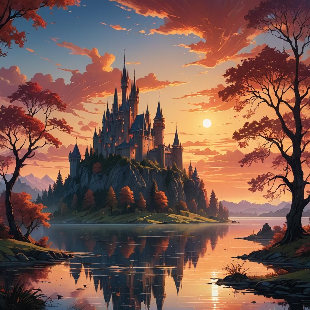 Fantasy Castle Landscape at Sunset, Alex Ross Style