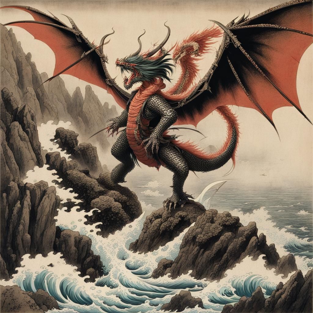 Dragon Perched on Cliffside Overlooking Crashing Waves
