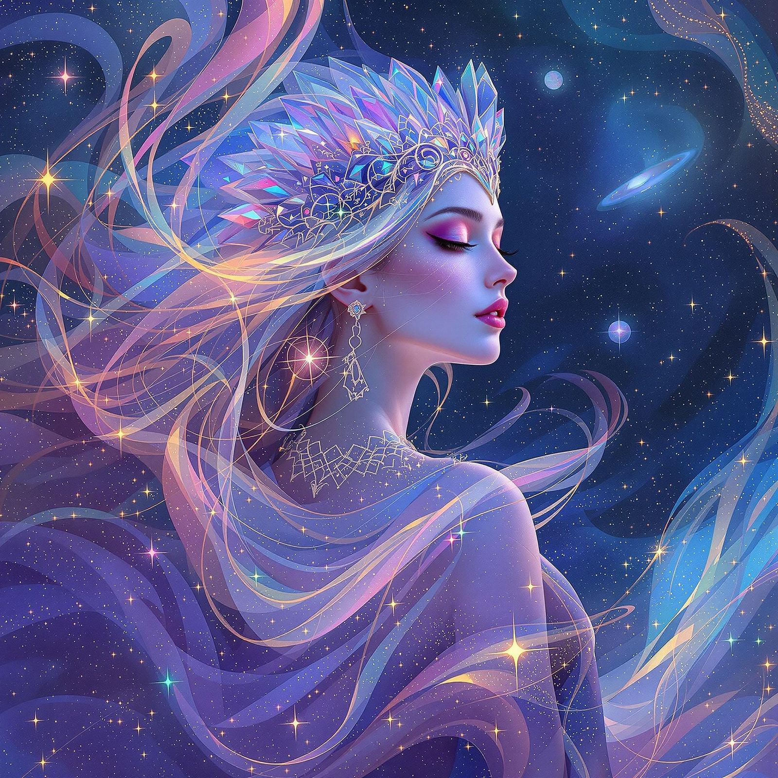 Ethereal Space Maiden in Iridescent Robes with Swirling Nebu...