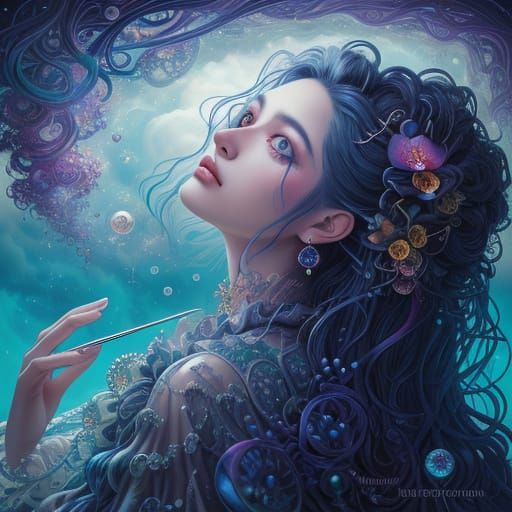 Mystical Girl in Cloud Fractals, Orchid Skies, and Vibrant B...