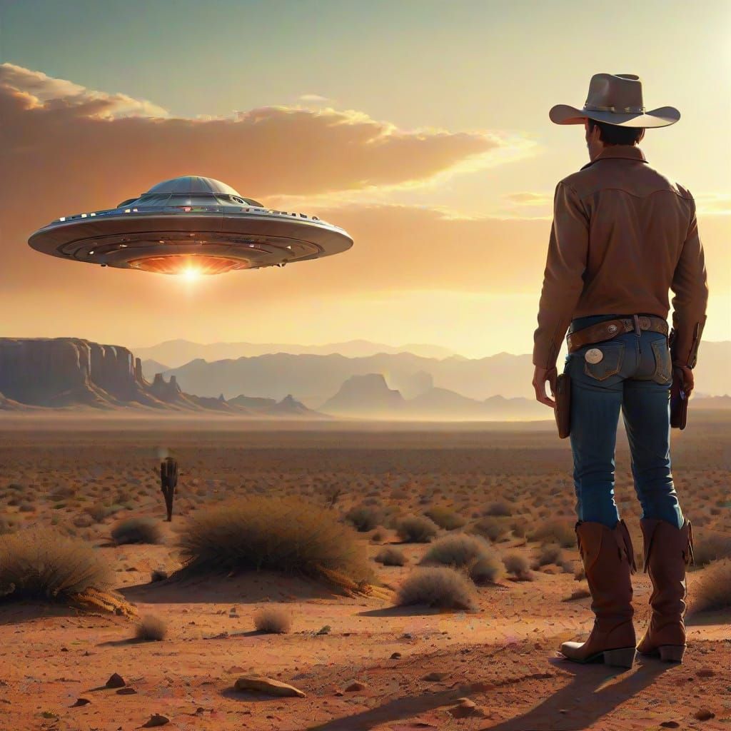 Cowboy Encounters UFO in Western Desert Sunset