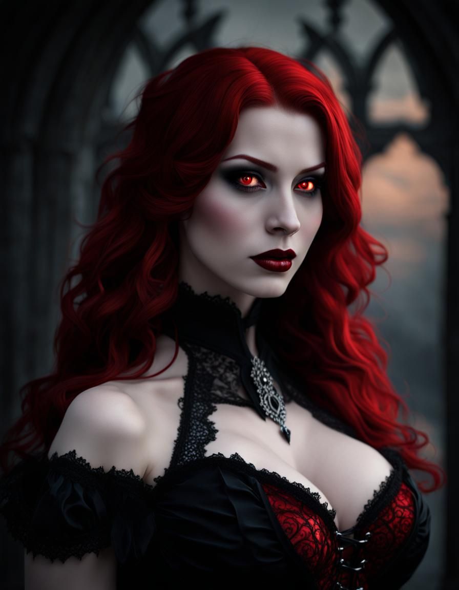 Redhead Vampire with Glowing Eyes in Gothic Style