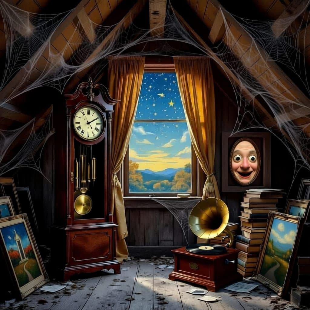 Grandfather Clock in Dusty Attic Under Starry Sky
