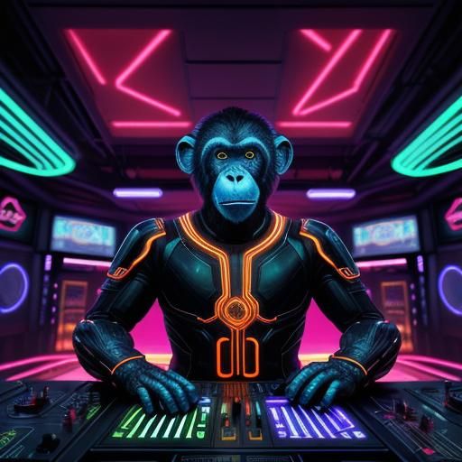 Cybernetic Orangutan DJ in Neon Noir Nightclub