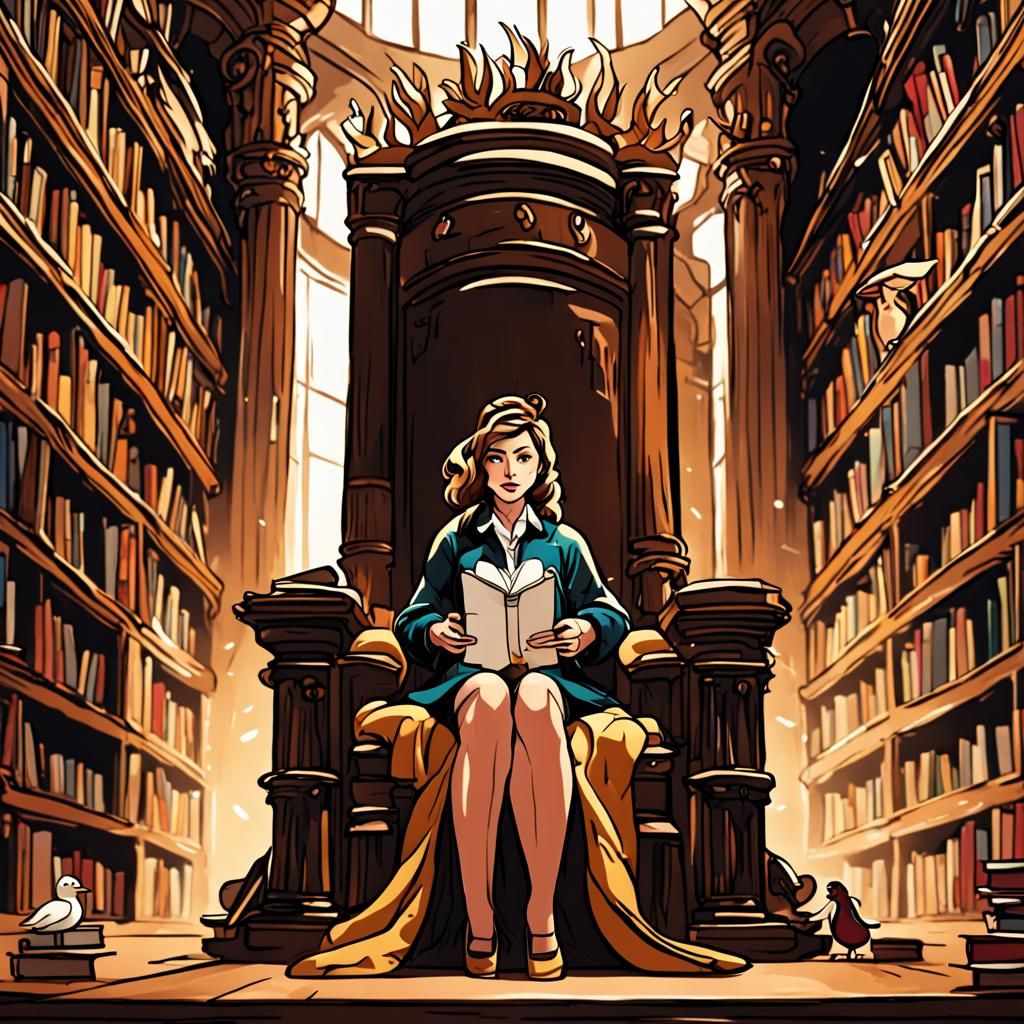 Librarian Queen on Throne in Library