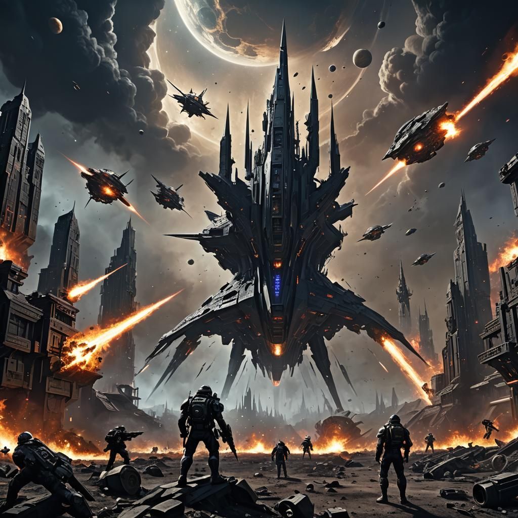 Epic Galaxy Battle Scene in Dark Fantasy Style