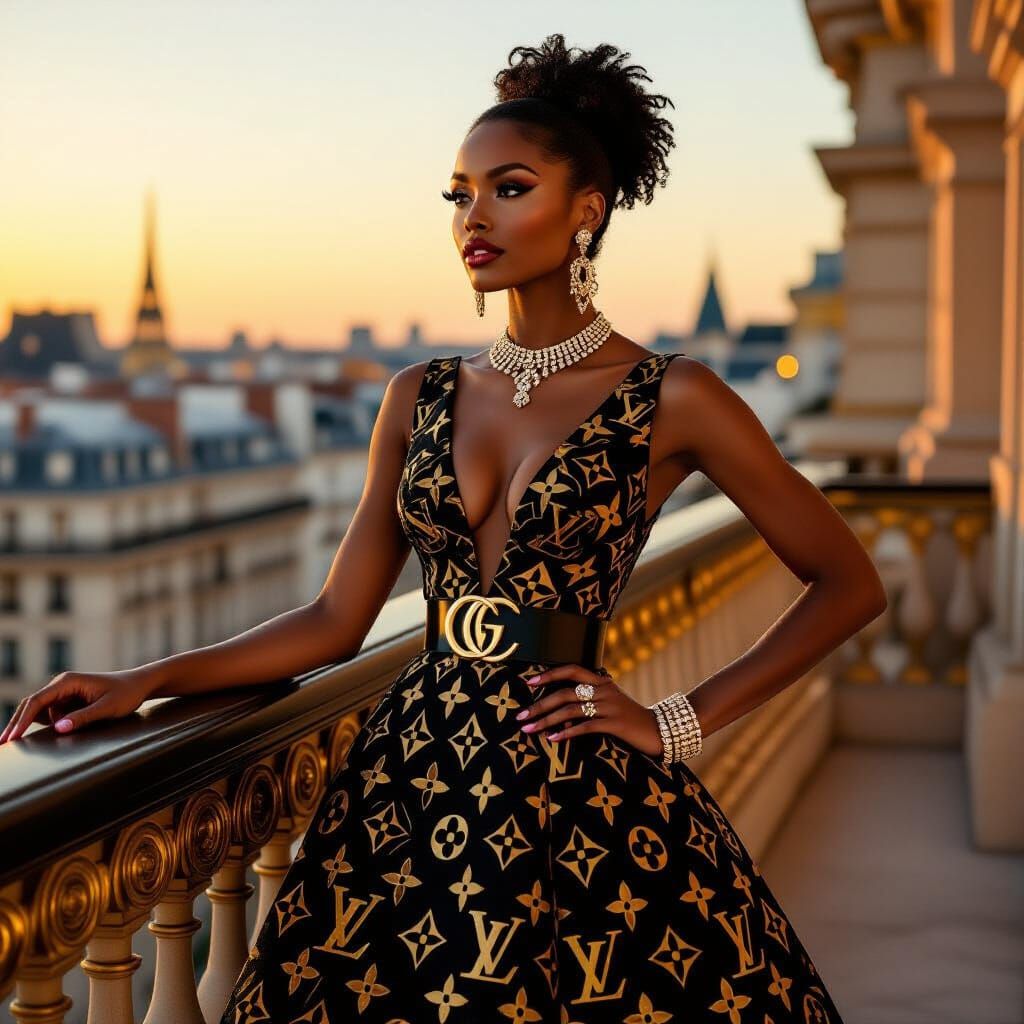 Elegant Woman in Monogram Gown on Parisian Balcony