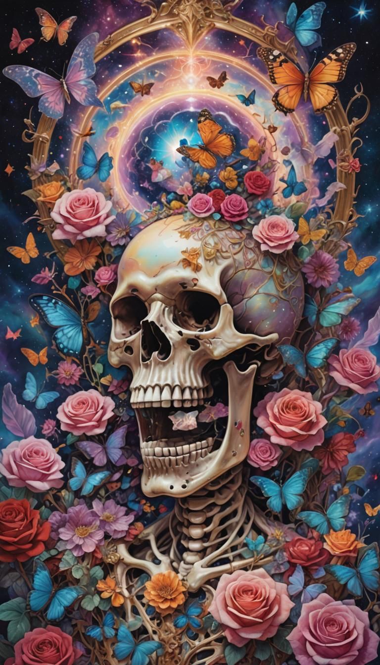 Cosmic Skeleton with Butterflies in Digital Art