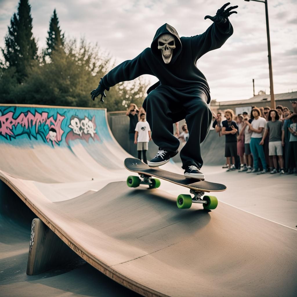 Grim Reaper Skateboarding Cartoon Graffiti Style