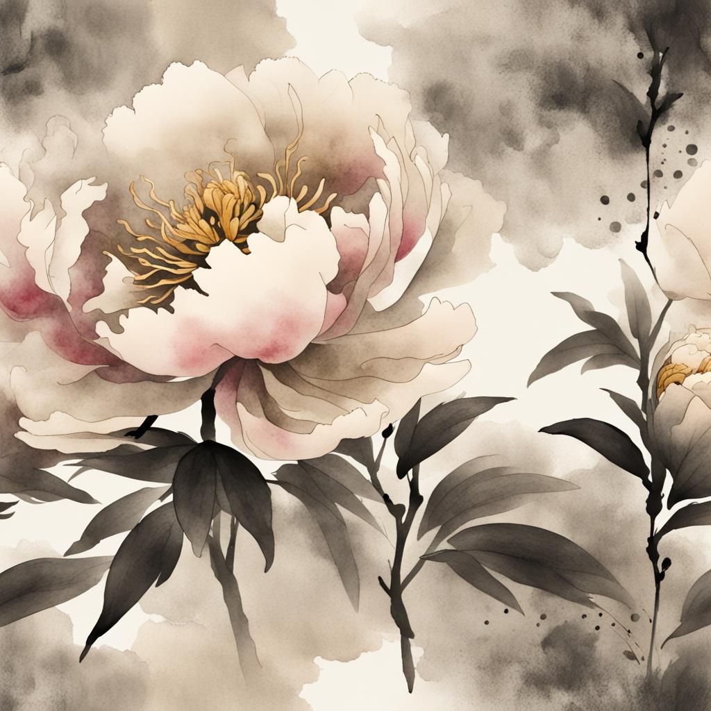 Muted Chinese Ink Painting of a Peony