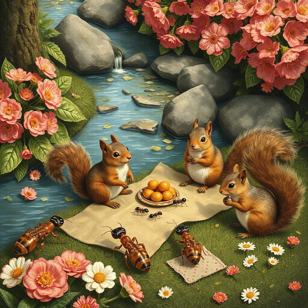 Squirrel Family Picnic by a Creek, 3D Abstract Art