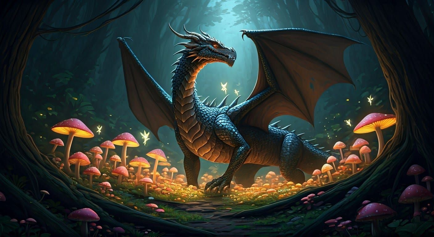Mystical Dragon Amidst Glowing Mushrooms and Whirling Fairie...