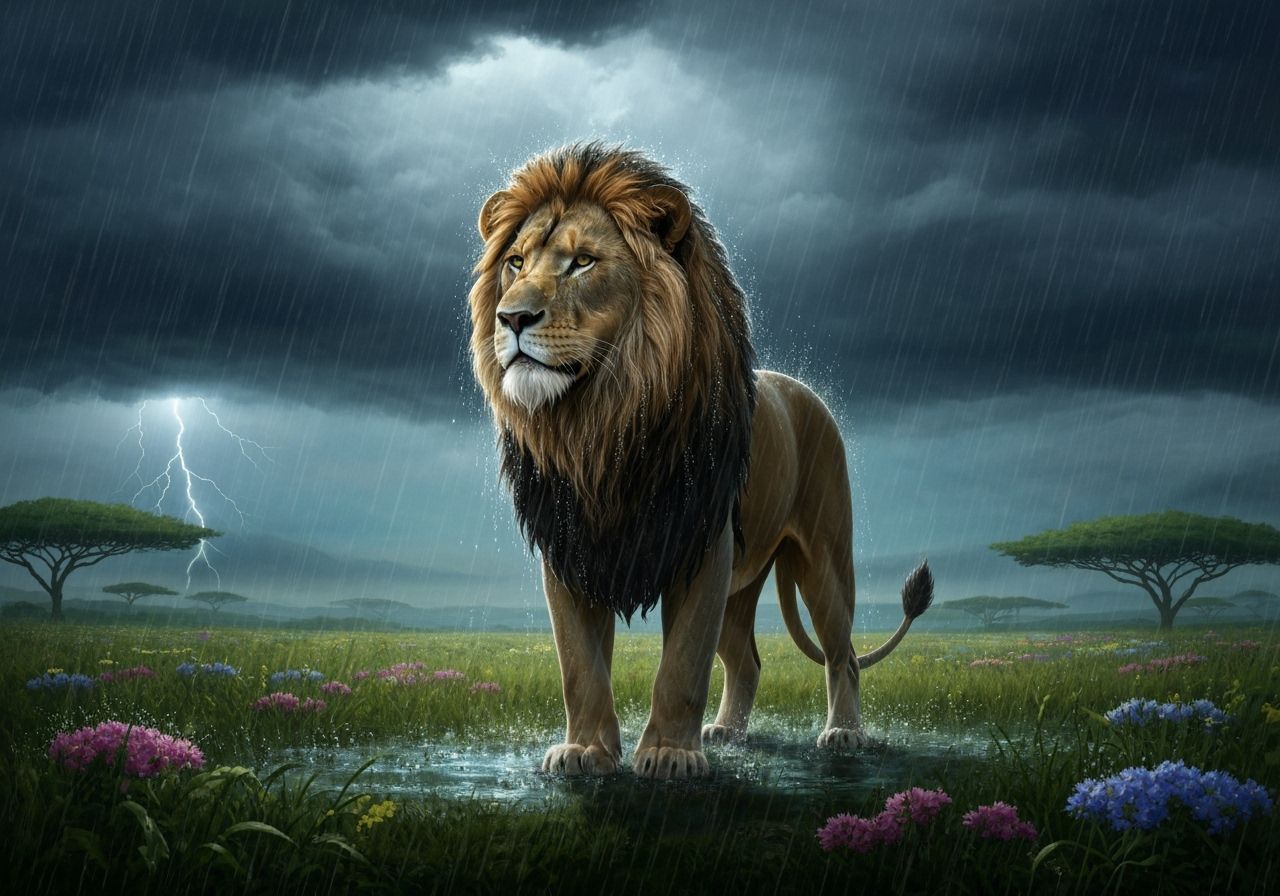 Lion in Summer Rain: Dramatic Digital Painting