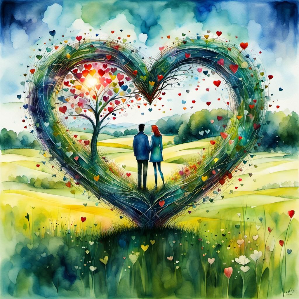 Romantic Heart Sculpture on Summer Meadow, Watercolor Art