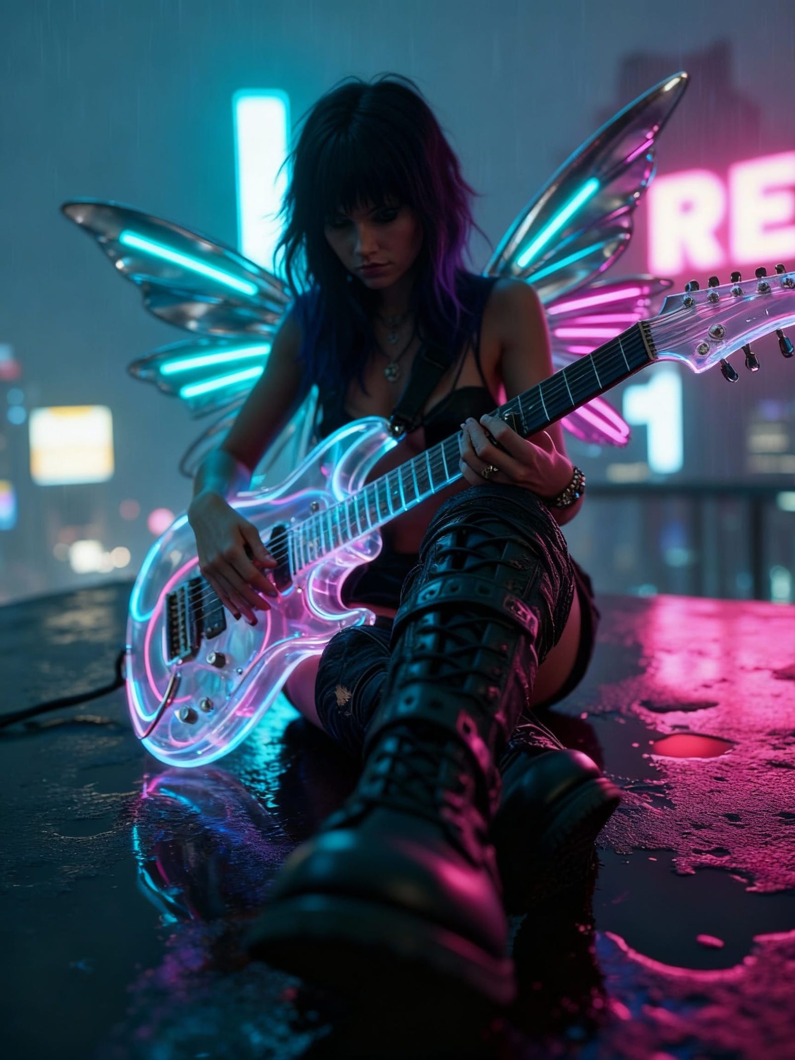 Neon Fairy on Rooftop with Punk Boots in Cyberpunk City