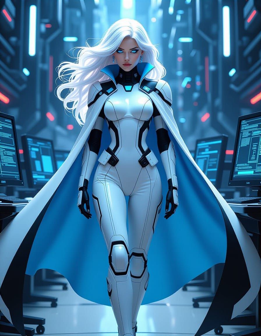 Cybernetic Woman with Flowing Hair in Cyberpunk Style