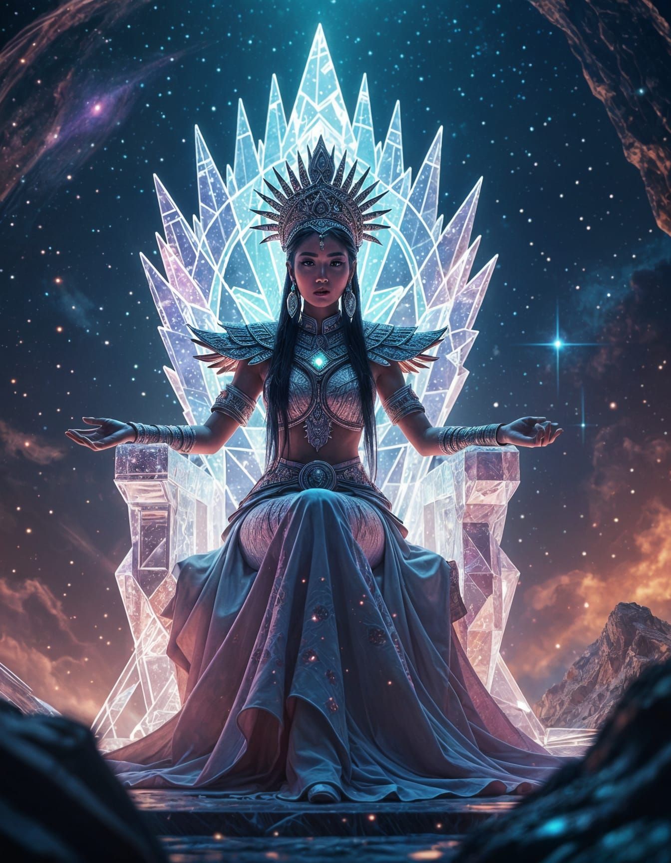 Hmong Woman in Energy Scales on Crystal Throne in Nebula