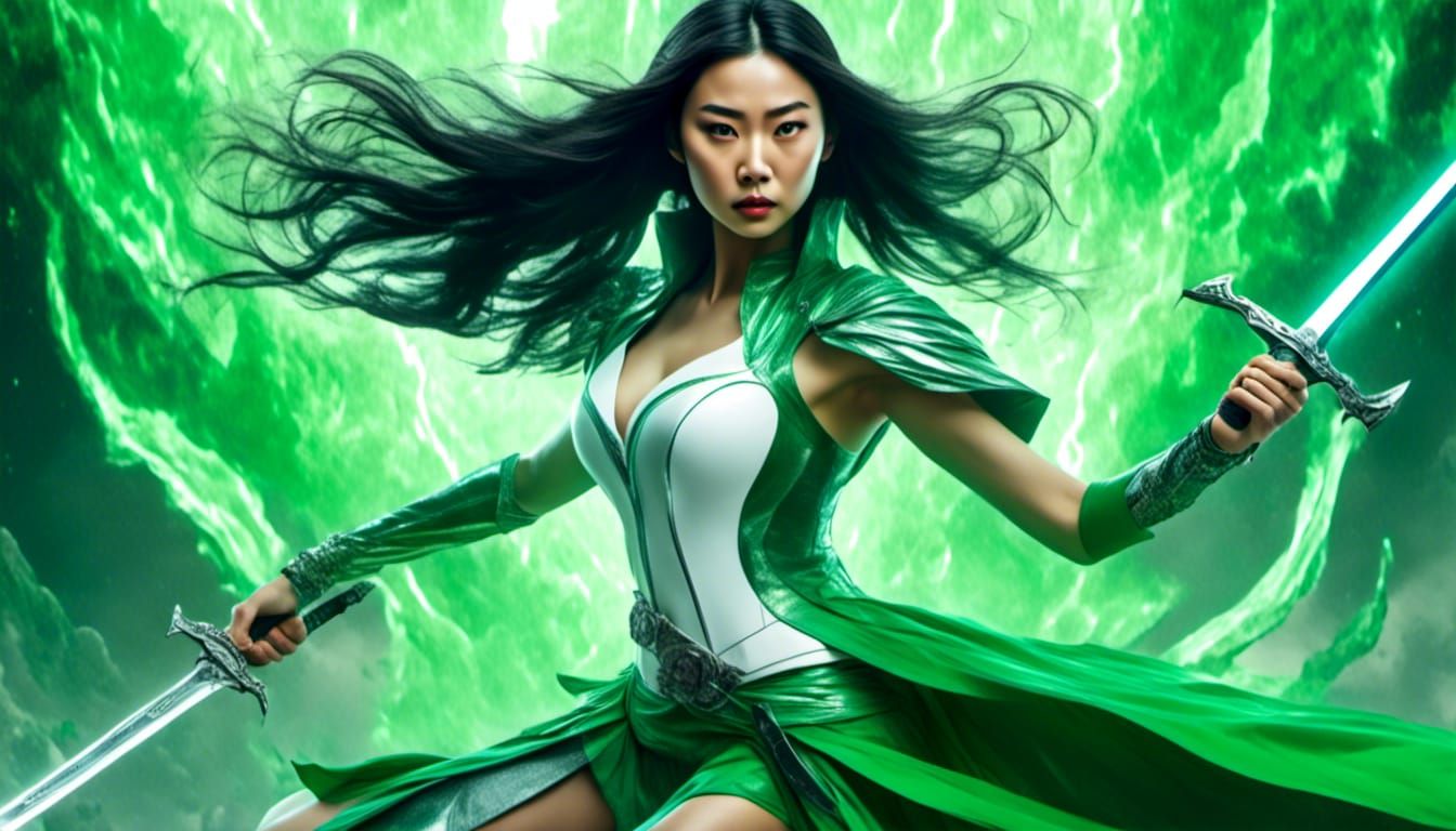 Beautiful Asian Woman in Cyberpunk Action Pose