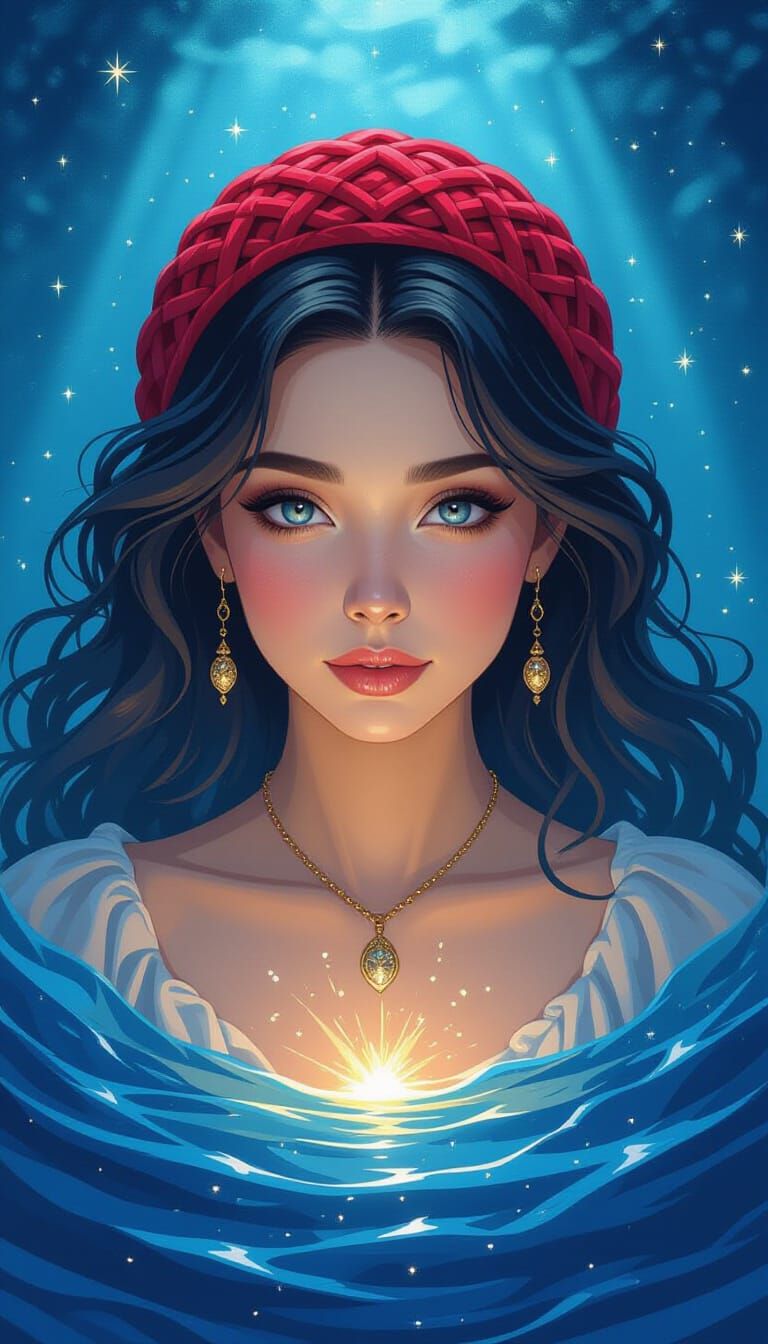 Red Crochet Hat Emitting Sparkles on Deep Blue Background