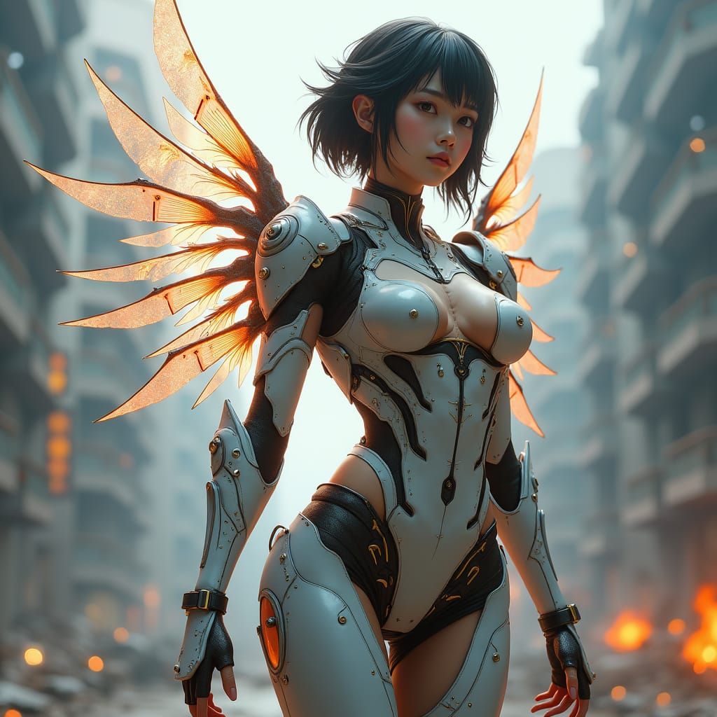 Winged Warrior in War-Torn City: 3D Anime Art