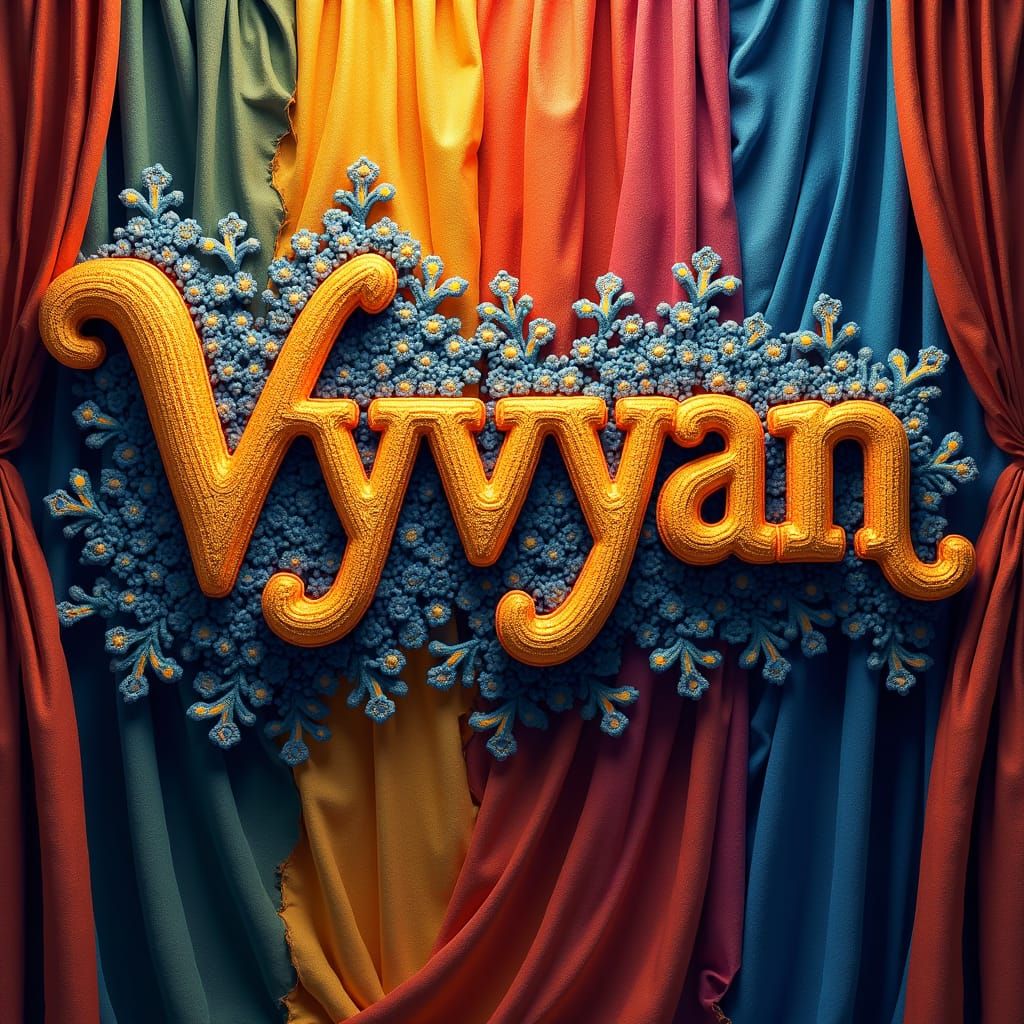 Ornate Knitted Name "Vyvyan" on Colorful Drape