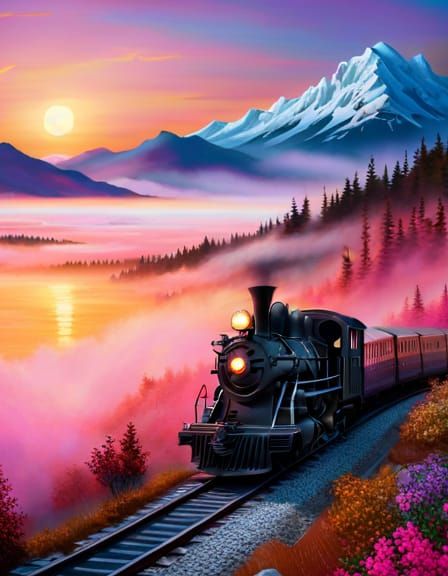 Antique Train in Pink Fog: Hyperdetailed Concept Art
