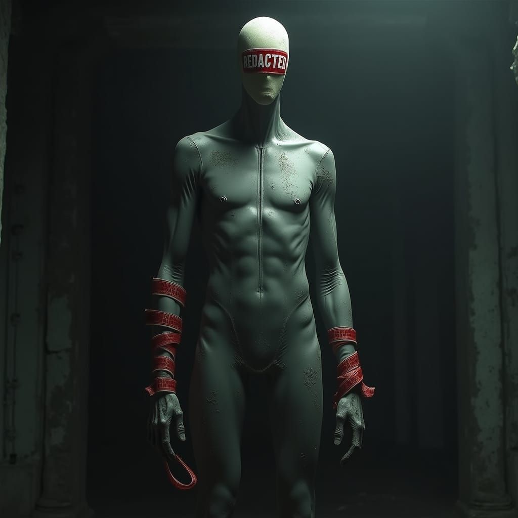 Distressed Slender Man Figure in Grey Rubber Suit with Red T...