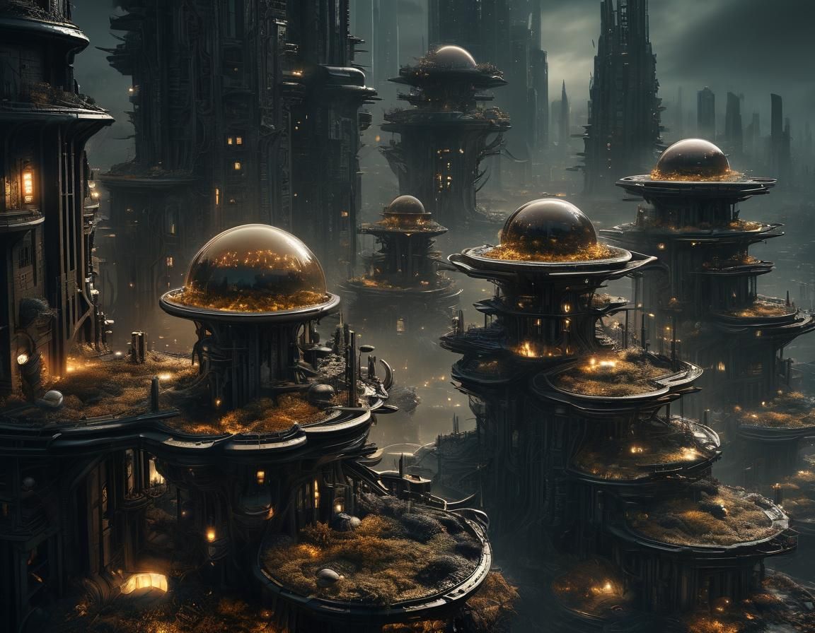 Futuristic Cityscape with Bioluminescent Flora in Sci-Fi Sty...