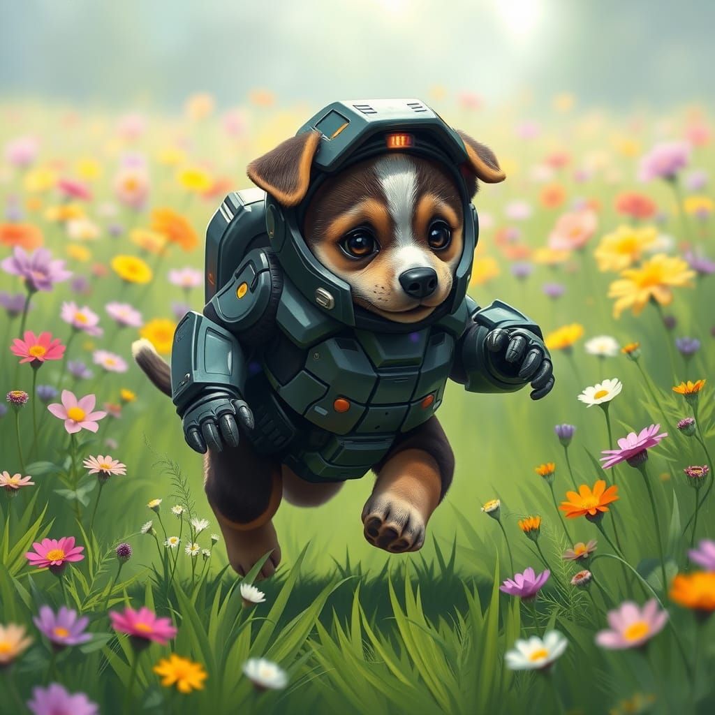 Space Marine Puppy's Floral Adventure: Digital Concept Art