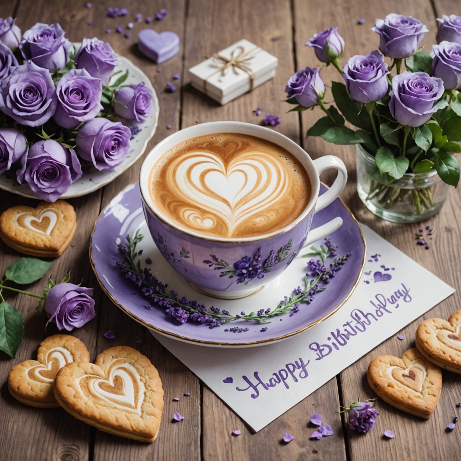 Cozy Birthday Coffee Scene with Roses and Cookies