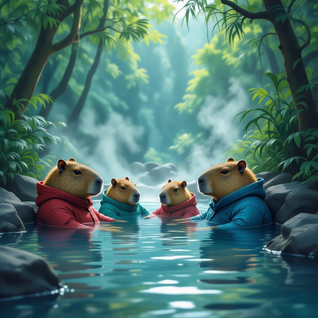 Capybaras Relaxing in Rainforest Hot Spring