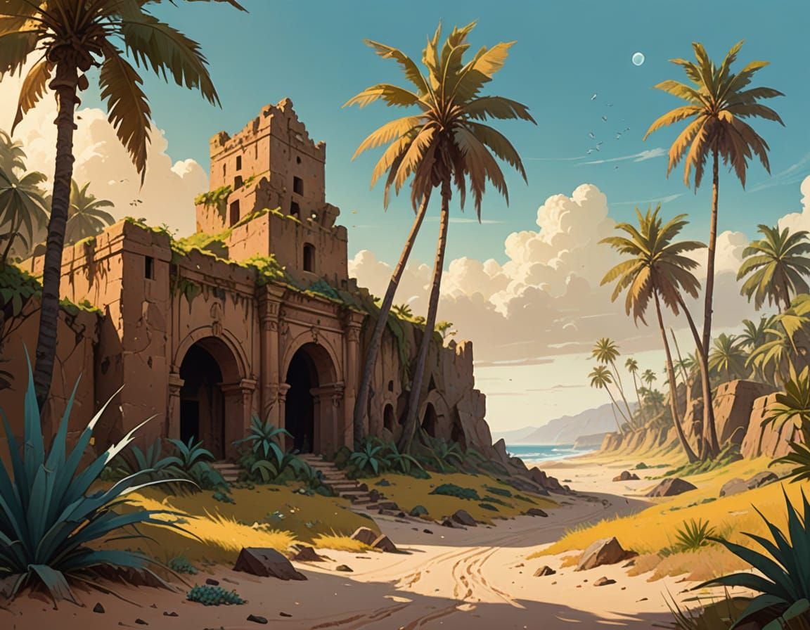 Abandoned Gedi Cityscape in Earthy, Impressionist Style