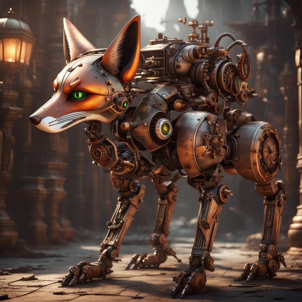 Steampunk Ancient Tech Fox Robot: Detailed Matte Painting