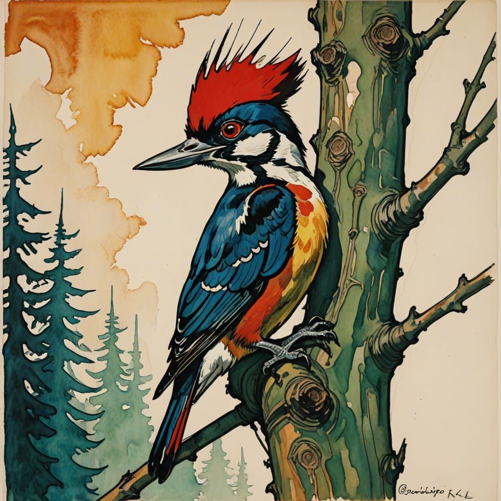 Vibrant Woody Woodpecker Portrait in Expressionist Cartoon S...