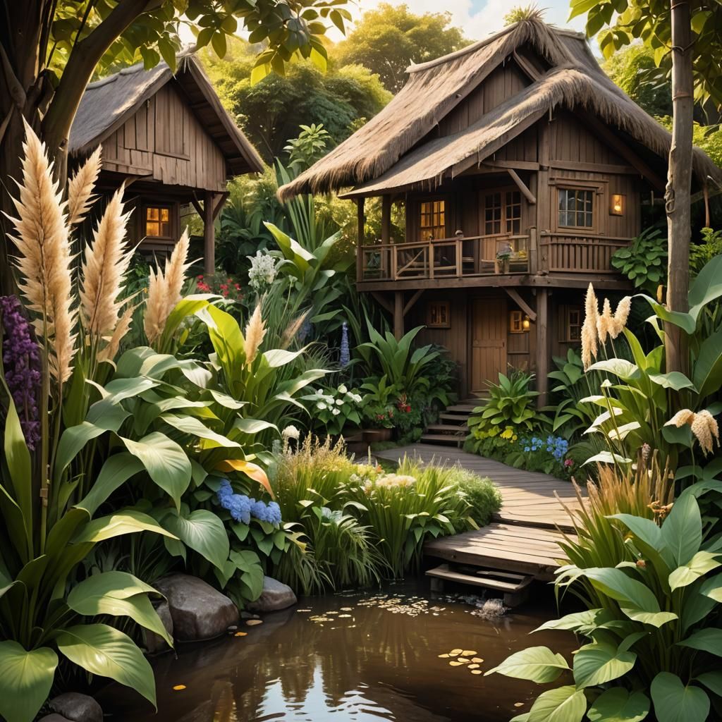 Whimsical Garden View from Wooden Hut Veranda
