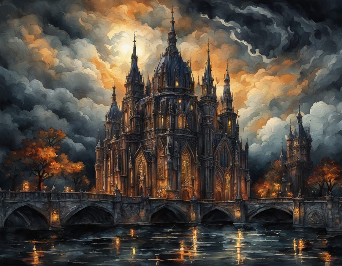 Gothic Cathedral Illuminated by Midnight Lightning