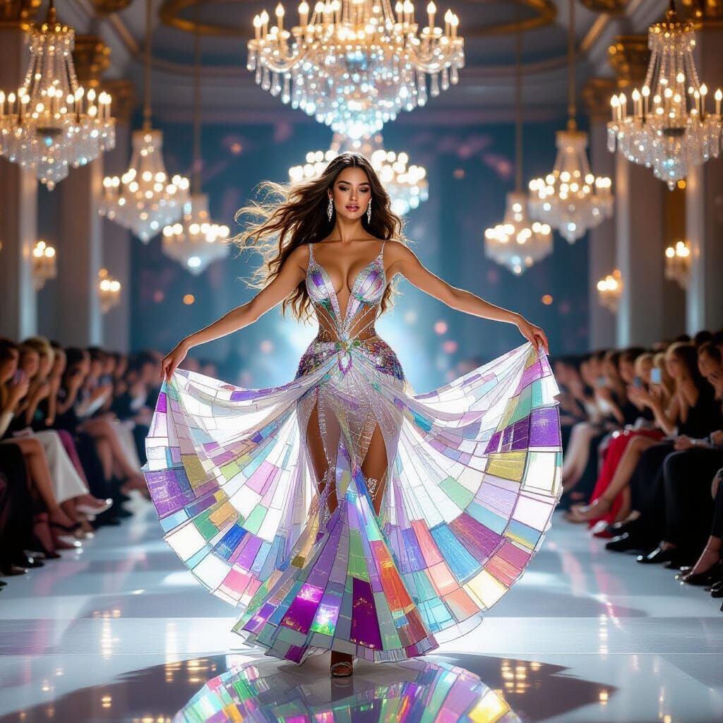 Elegant Lady Dancing in Glass Gown in Grand Ballroom