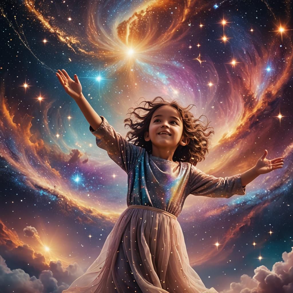 Cosmic Dreamscape: Child Surrounded by Swirling Galaxies