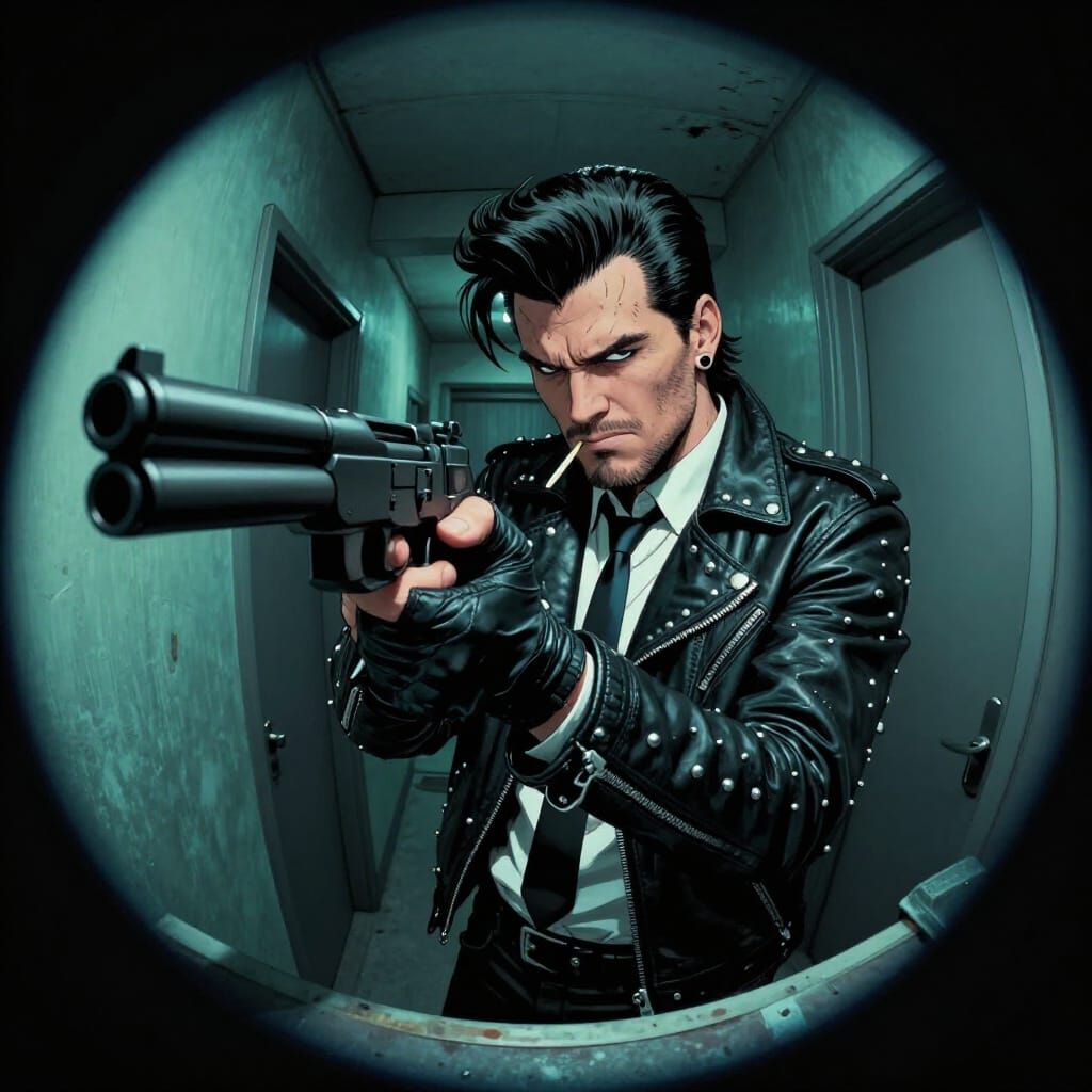 Rockabilly Hitman Through Peephole in Shadowy Hallway