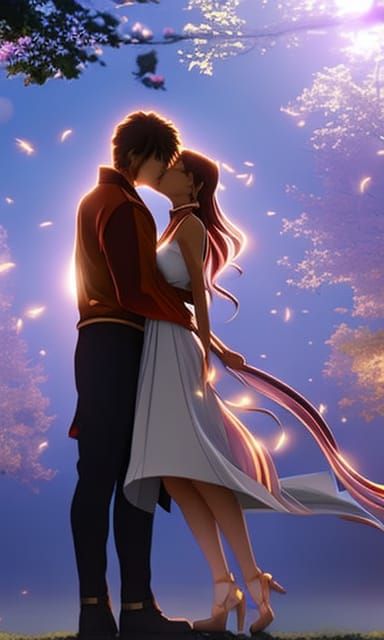 Anime Couple Kissing in Park, 3D Illustration