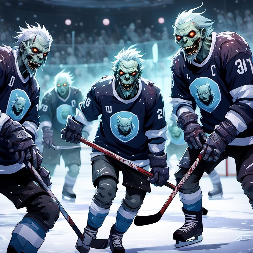 Grotesque Zombies Play Ice Hockey in Horror Anime Style